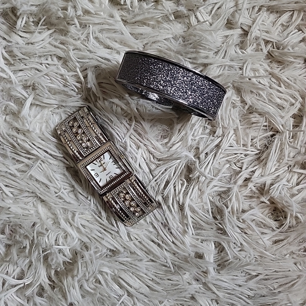 Women's Vintage Xavier Watch & Modern Glittery Bracelet Jewelry Bundle